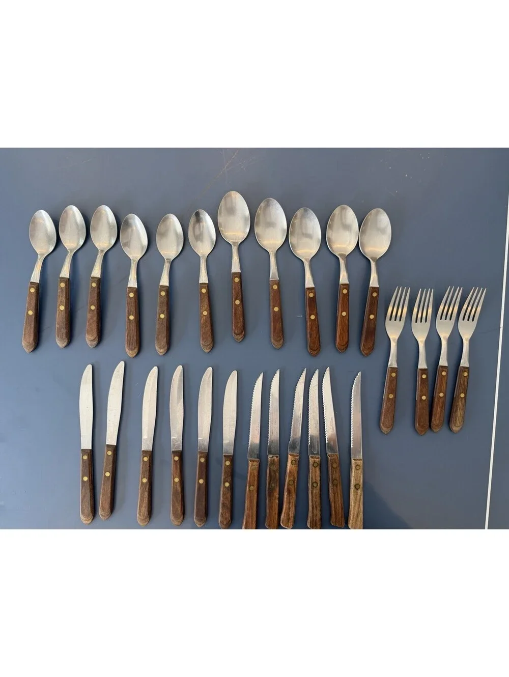 Vtg WF Washington Forge Town & Country Wood Handle  SS Flatware Lot Of 27